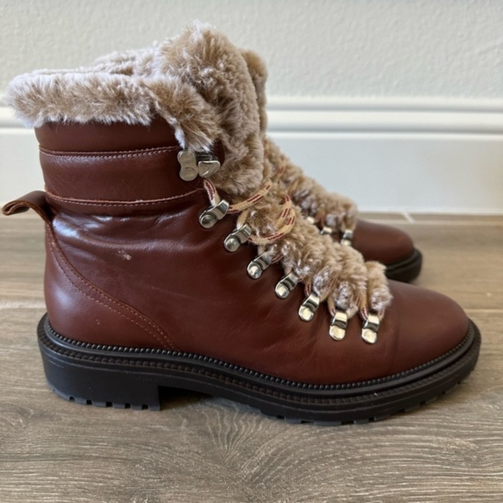 Zara women’s genuine leather lace up faux fur hiking boots sz 38